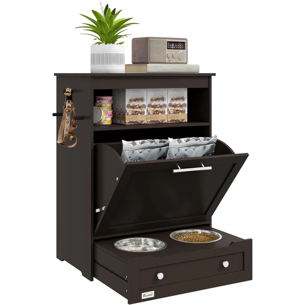 Dog Feeding Station With Raised Bowls And Storage Cabinet