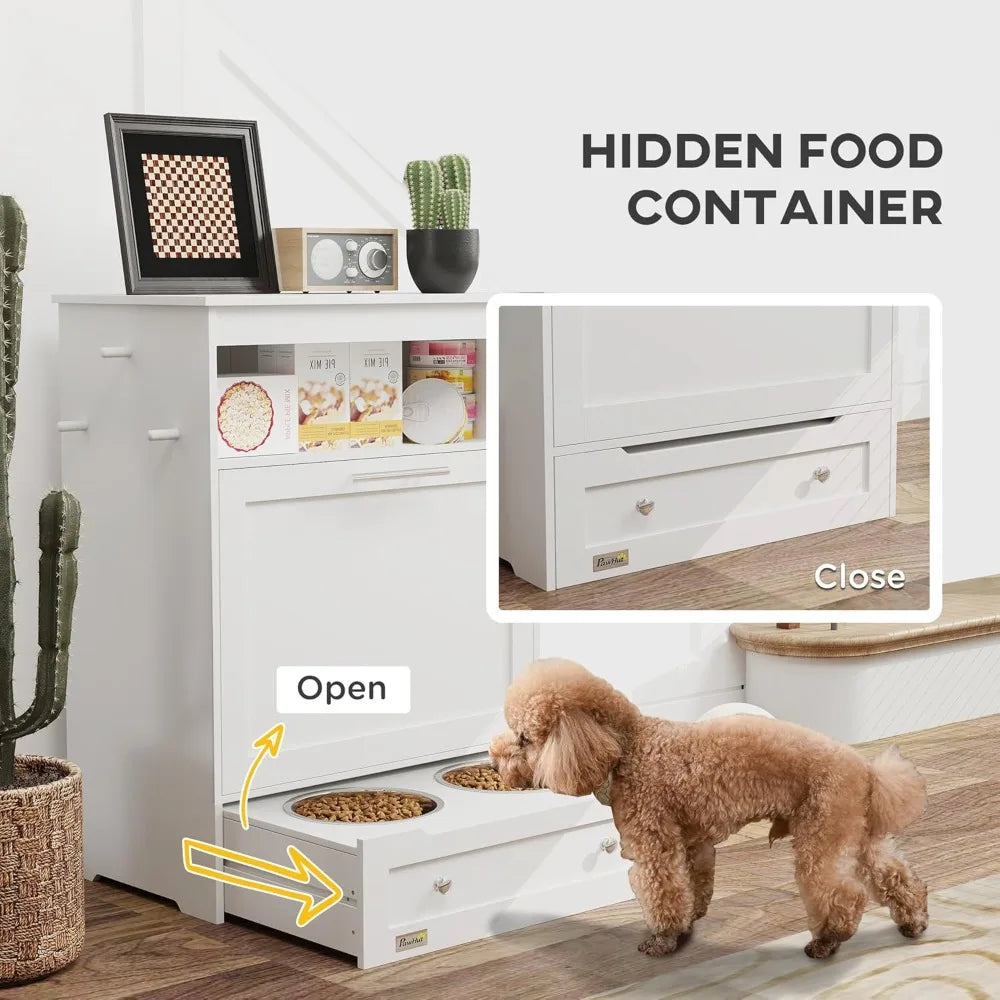 Dog Feeding Station With Raised Bowls And Storage Cabinet