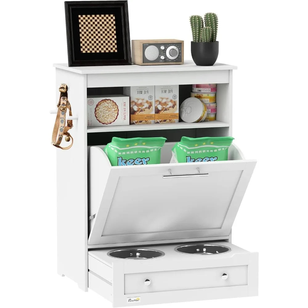 Dog Feeding Station With Raised Bowls And Storage Cabinet