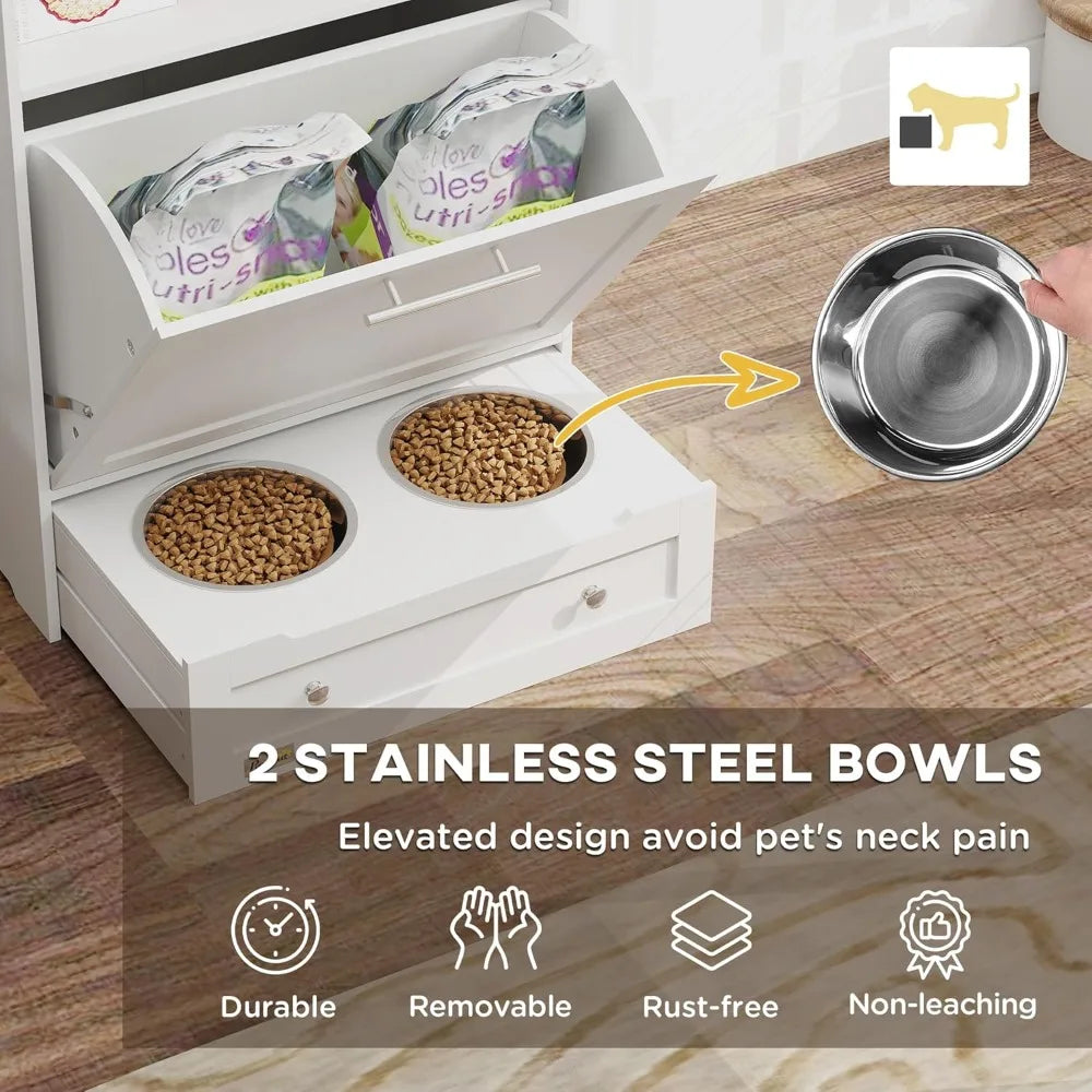 Dog Feeding Station With Raised Bowls And Storage Cabinet