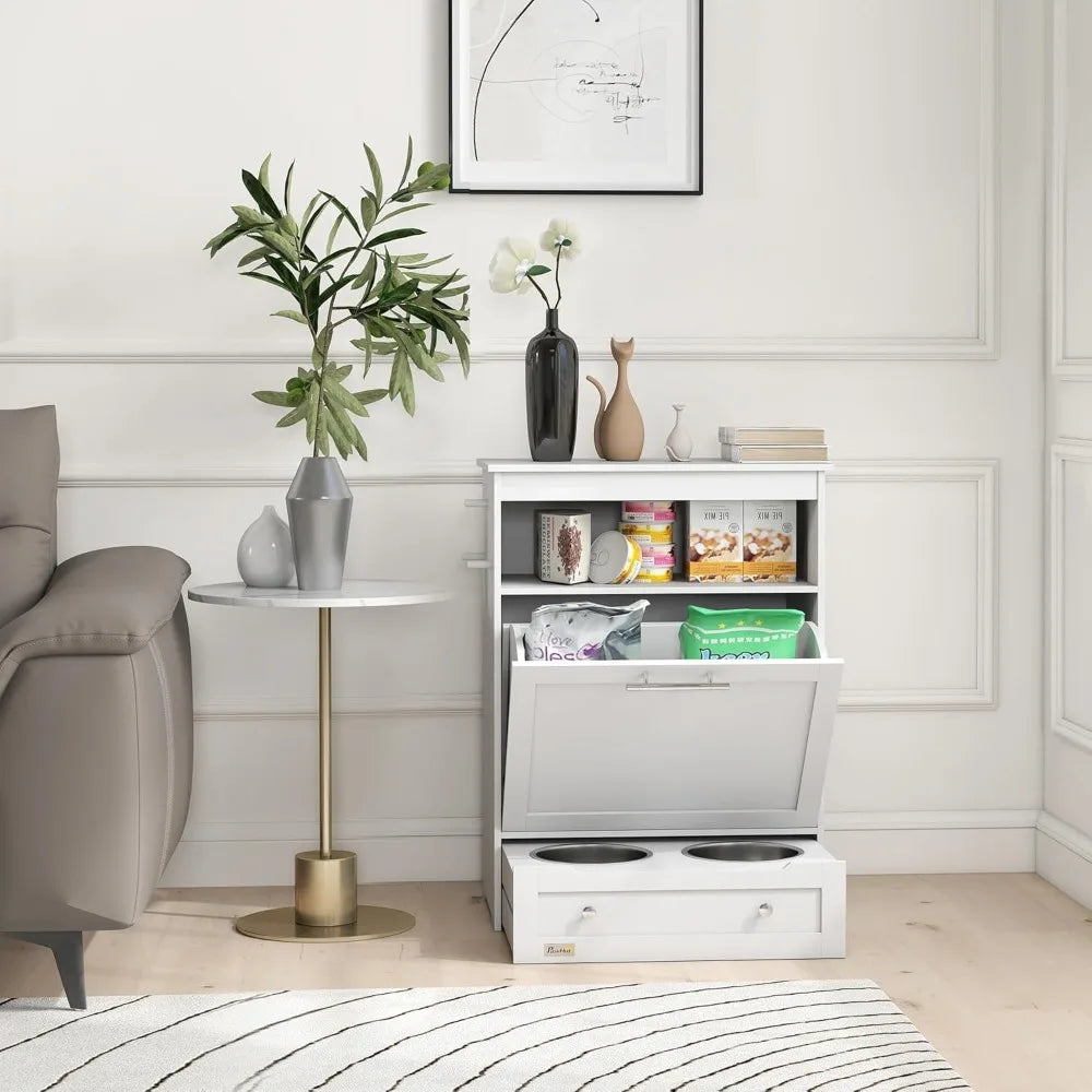Dog Feeding Station With Raised Bowls And Storage Cabinet