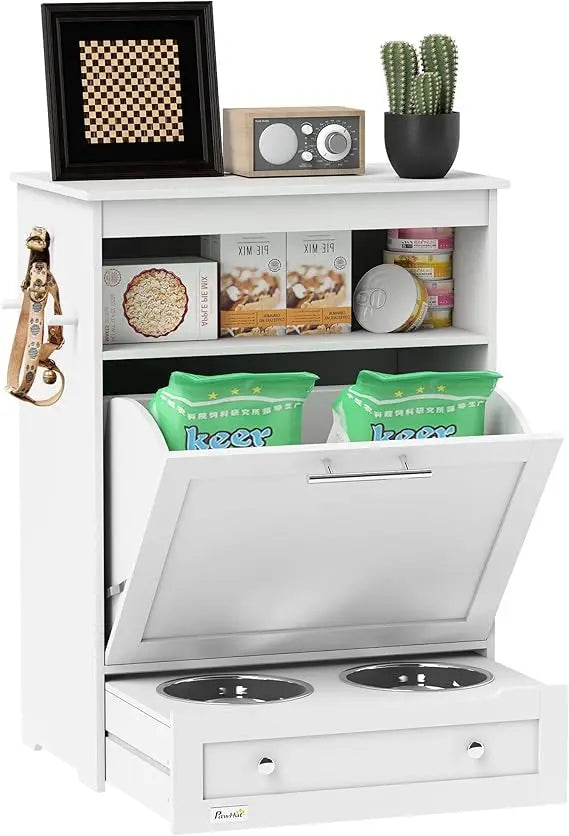 Dog Feeding Station With Raised Bowls And Storage Cabinet